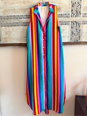 Rainbow Striped Sleeveless Button-Front Maxi Dress